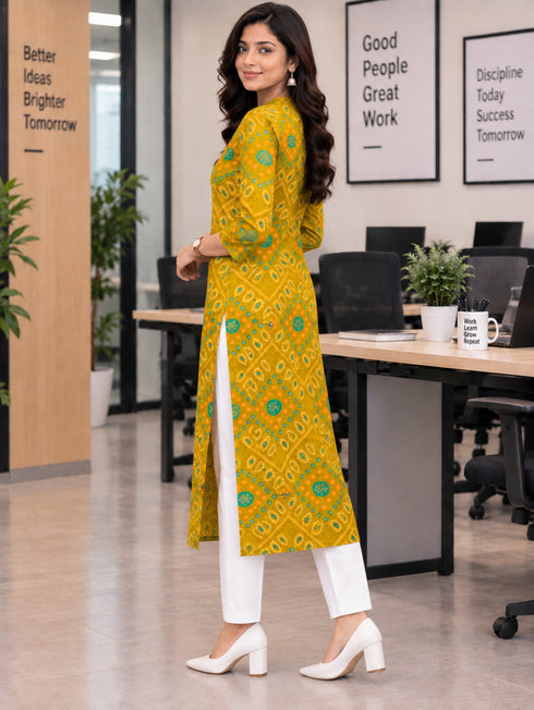 Olive Green Pure Cotton Bandhej Printed Kurti