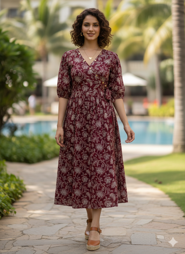 Wine & White Pure Cotton Foil Printed Western Dress