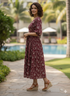 Wine & White Pure Cotton Foil Printed Western Dress