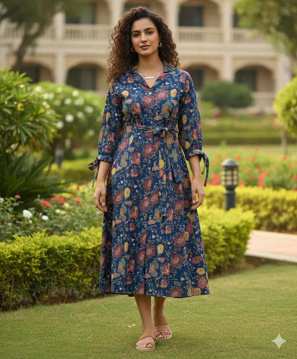 Teal Blue Pure Cotton Floral Printed Western Dress