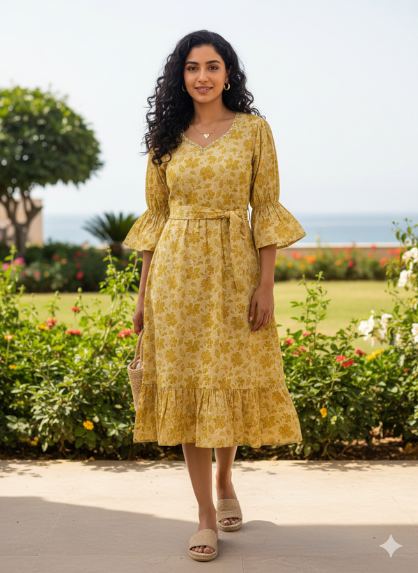 Lime Yellow Pure Cotton Foil Printed Western Dress