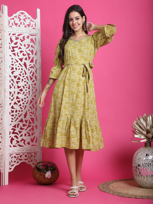 Lime Yellow Pure Cotton Foil Printed Western Dress