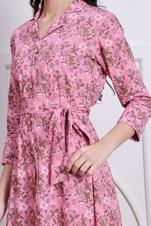 Pink Women's Pure Cotton Floral Printed Western Dress