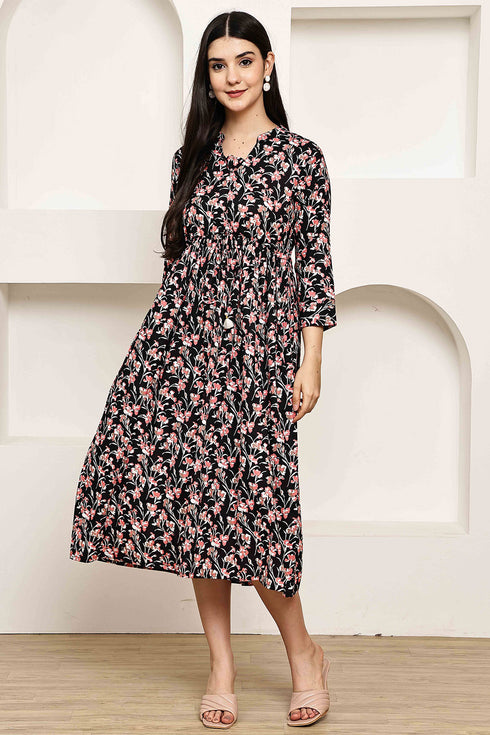 Midnight Blossom Elegance Jaipuri Printed Western Dress