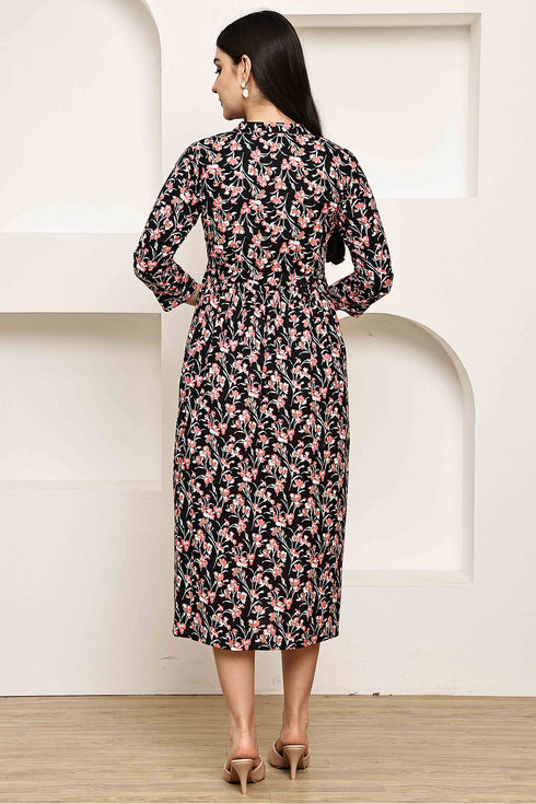 Midnight Blossom Elegance Jaipuri Printed Western Dress