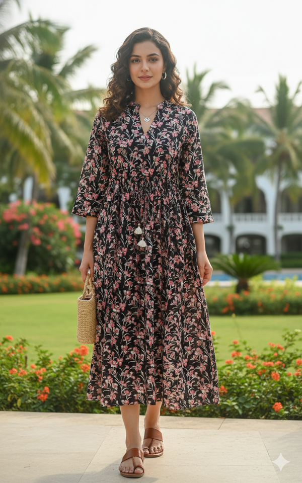 Midnight Blossom Elegance Jaipuri Printed Western Dress