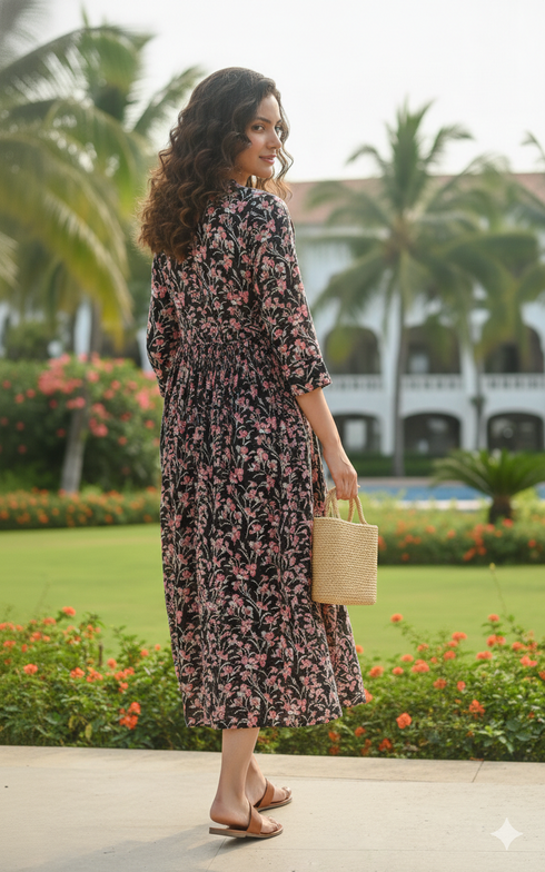 Midnight Blossom Elegance Jaipuri Printed Western Dress
