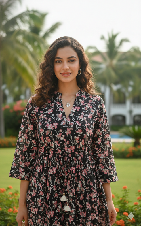 Midnight Blossom Elegance Jaipuri Printed Western Dress