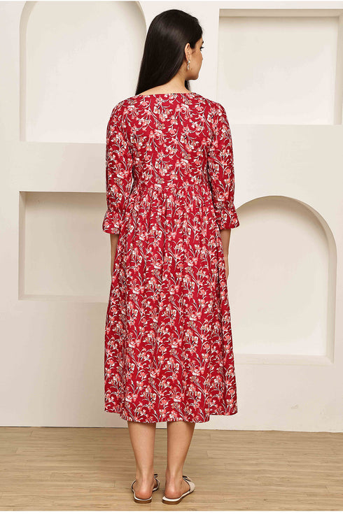 Crimson Floral Charm Jaipuri Printed Western Dress