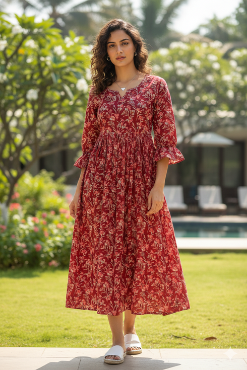 Crimson Floral Charm Jaipuri Printed Western Dress