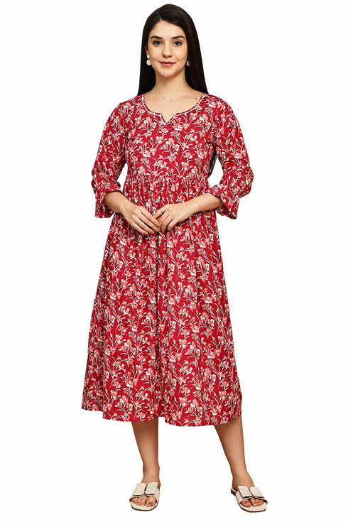 Crimson Floral Charm Jaipuri Printed Western Dress