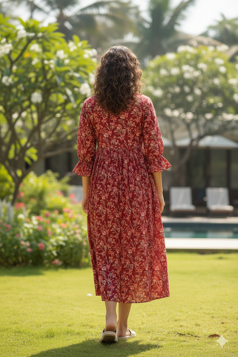 Crimson Floral Charm Jaipuri Printed Western Dress
