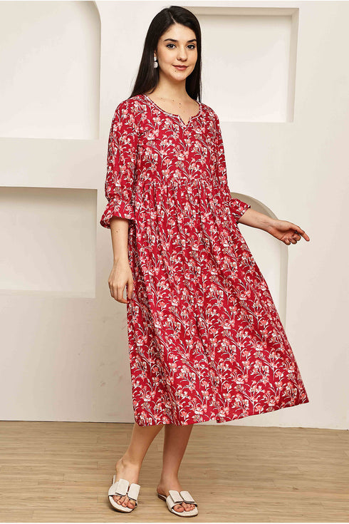 Crimson Floral Charm Jaipuri Printed Western Dress