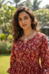 Crimson Floral Charm Jaipuri Printed Western Dress