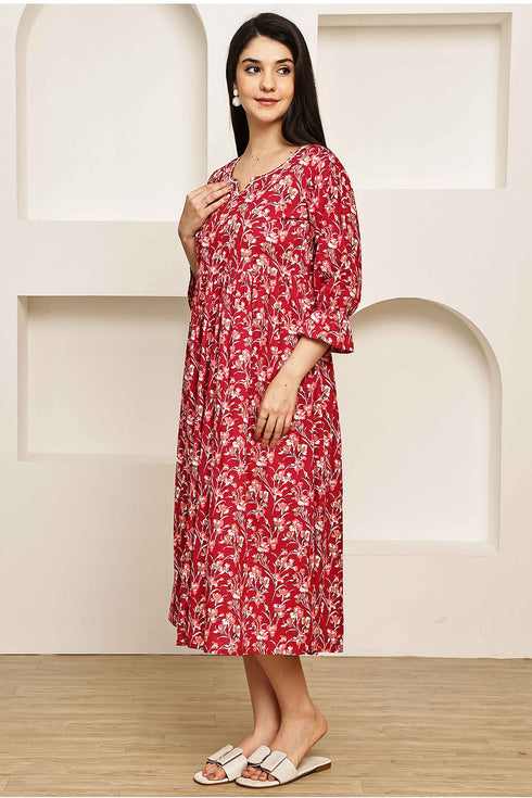 Crimson Floral Charm Jaipuri Printed Western Dress