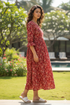 Crimson Floral Charm Jaipuri Printed Western Dress