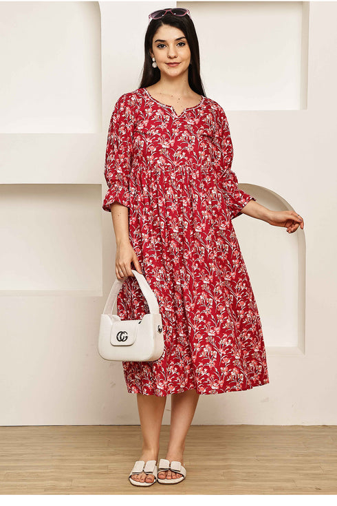 Crimson Floral Charm Jaipuri Printed Western Dress