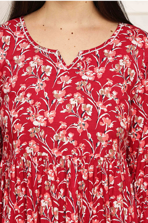Crimson Floral Charm Jaipuri Printed Western Dress