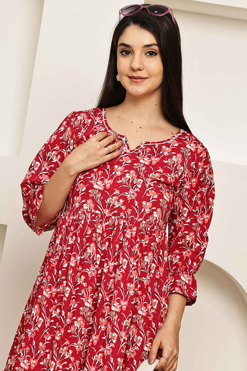 Crimson Floral Charm Jaipuri Printed Western Dress