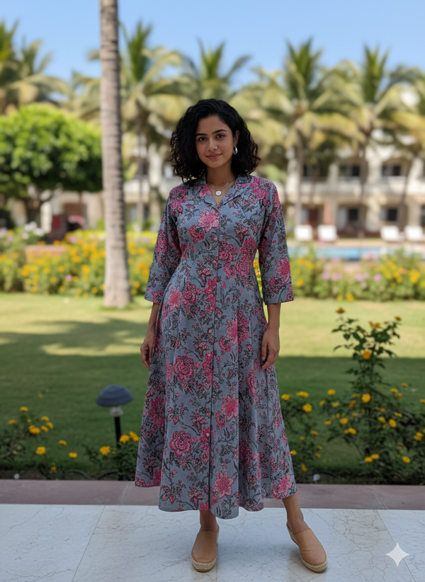 Serene Grey Floral Jaipuri Printed Western Dress
