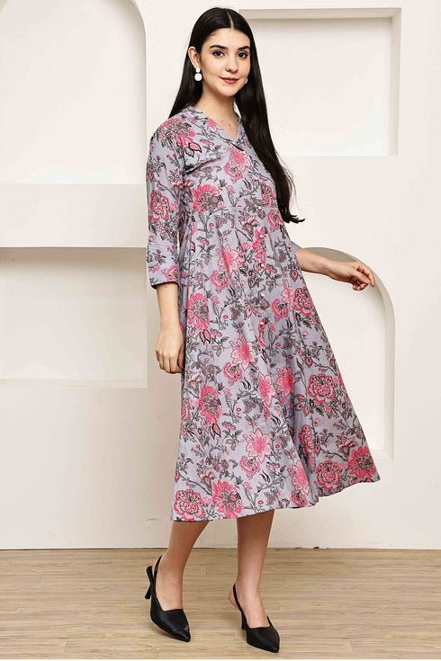 Serene Grey Floral Jaipuri Printed Western Dress