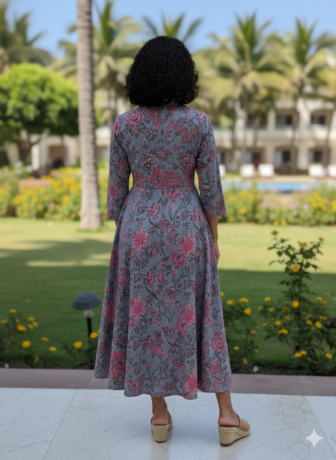 Serene Grey Floral Jaipuri Printed Western Dress