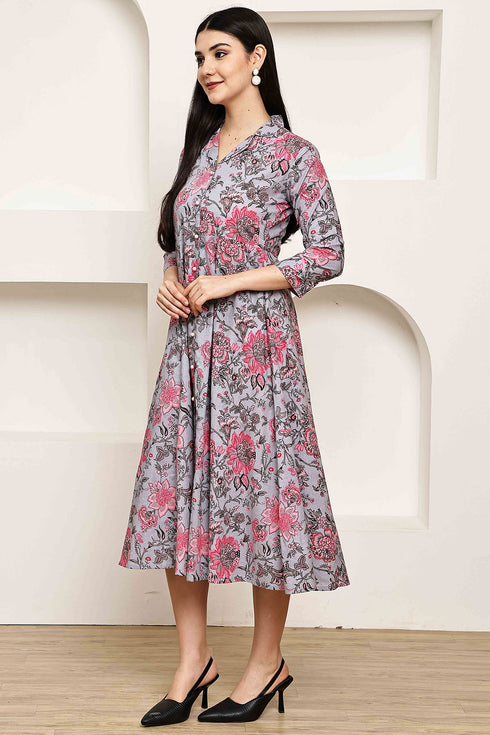 Serene Grey Floral Jaipuri Printed Western Dress