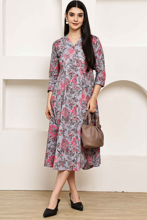 Serene Grey Floral Jaipuri Printed Western Dress