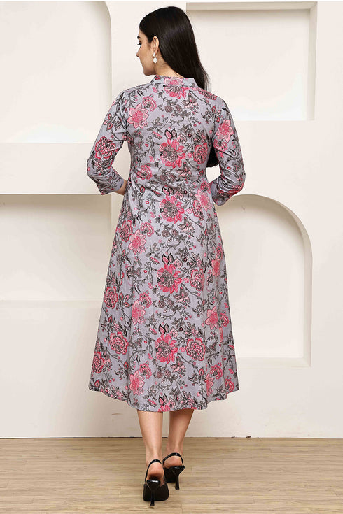 Serene Grey Floral Jaipuri Printed Western Dress