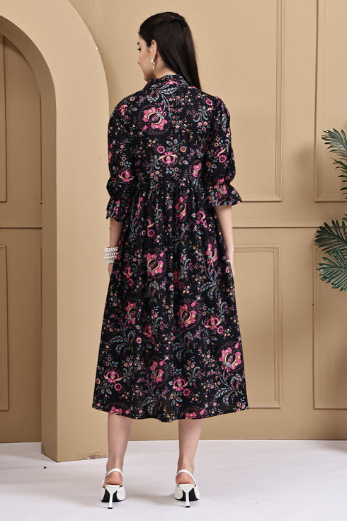 Midnight Floral Attire Pure Cotton Jaipuri Printed Western Dress