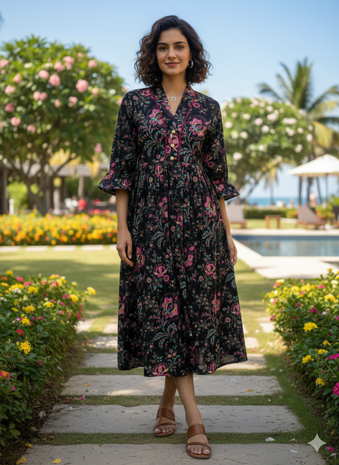 Midnight Floral Attire Pure Cotton Jaipuri Printed Western Dress
