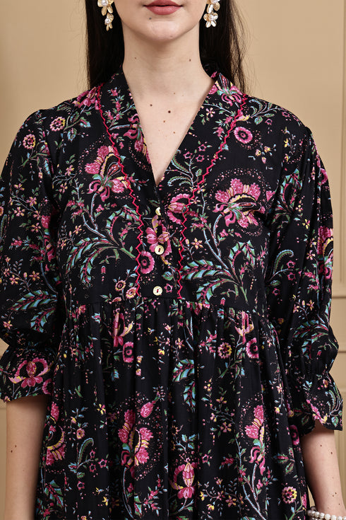 Midnight Floral Attire Pure Cotton Jaipuri Printed Western Dress