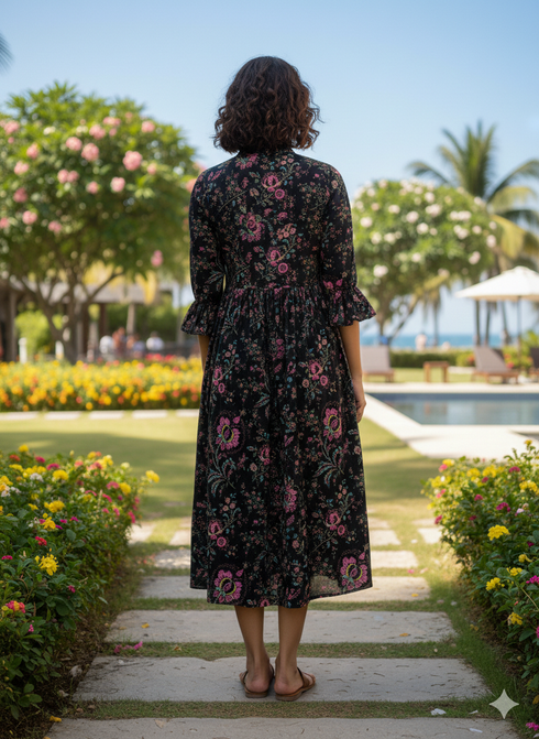 Midnight Floral Attire Pure Cotton Jaipuri Printed Western Dress