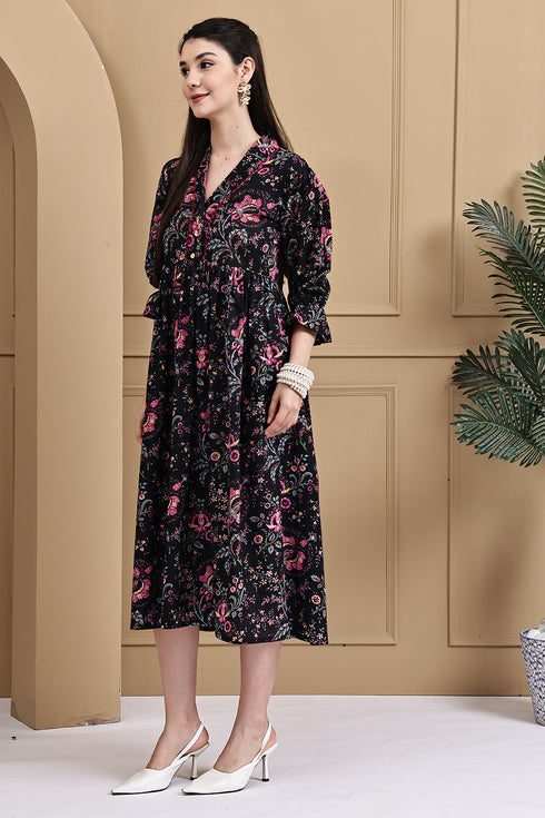 Midnight Floral Attire Pure Cotton Jaipuri Printed Western Dress