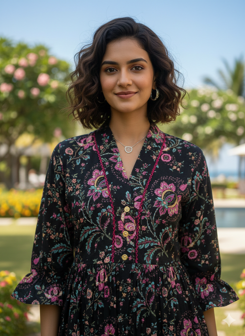 Midnight Floral Attire Pure Cotton Jaipuri Printed Western Dress