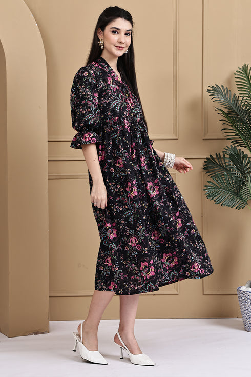 Midnight Floral Attire Pure Cotton Jaipuri Printed Western Dress