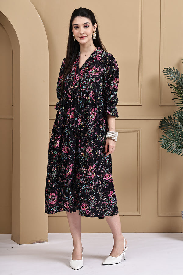 Midnight Floral Attire Pure Cotton Jaipuri Printed Western Dress