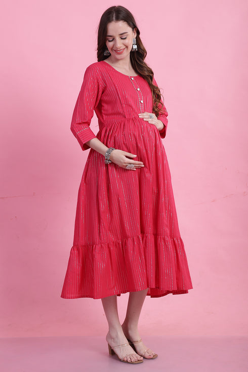 Pink Cotton Zari Lining Maternity Gown with Zipper for Women for Pre & Post Pregnancy & Easy Breastfeeding