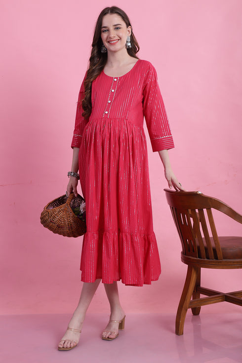 Pink Cotton Zari Lining Maternity Gown with Zipper for Women for Pre & Post Pregnancy & Easy Breastfeeding