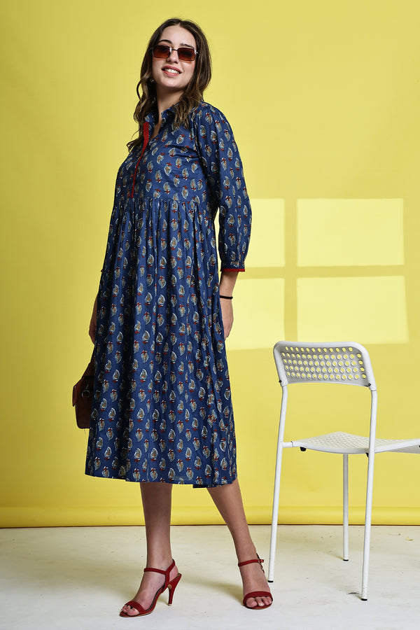 Blueberry Blossom Pure Cotton Jaipuri Printed Western Dress