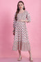 White & Pink Pure Cotton Floral Printed Maternity Gown with Zipper for Women for Pre & Post Pregnancy & Easy Breastfeeding