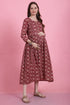 Maroon & Beige Rayon Foil Printed Maternity Gown with Zipper for Women for Pre & Post Pregnancy & Easy Breastfeeding