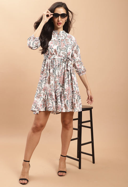 White Pure Cambric Cotton Jaipuri Printed Dress