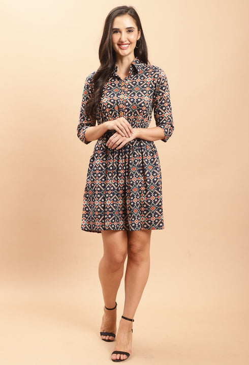 Navy Blue Pure Cambric Cotton Jaipuri Printed Dress