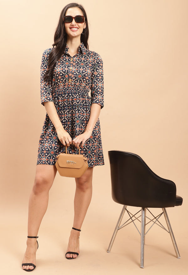 Navy Blue Pure Cambric Cotton Jaipuri Printed Dress