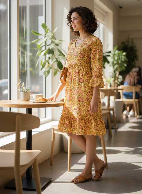 Yellow Pure Cambric Cotton Jaipuri Printed Dress