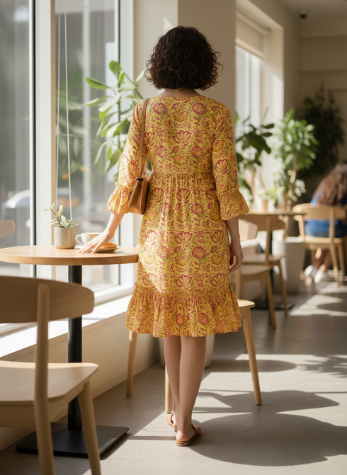 Yellow Pure Cambric Cotton Jaipuri Printed Dress