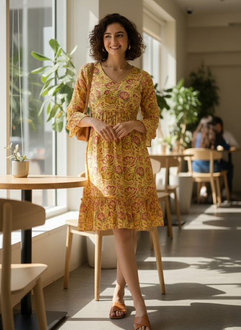 Yellow Pure Cambric Cotton Jaipuri Printed Dress