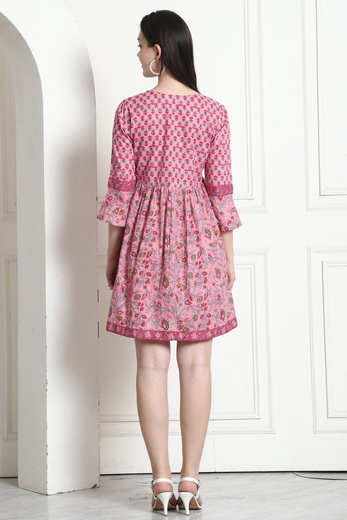 Light Pink Pure Cotton Printed Western Dress