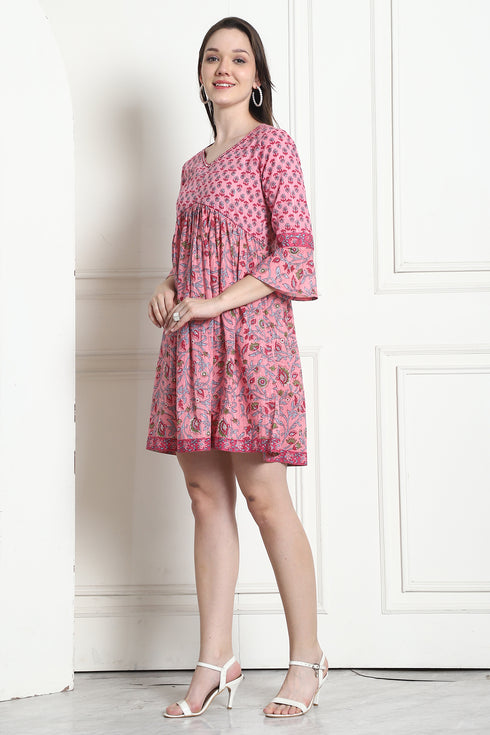 Light Pink Pure Cotton Printed Western Dress